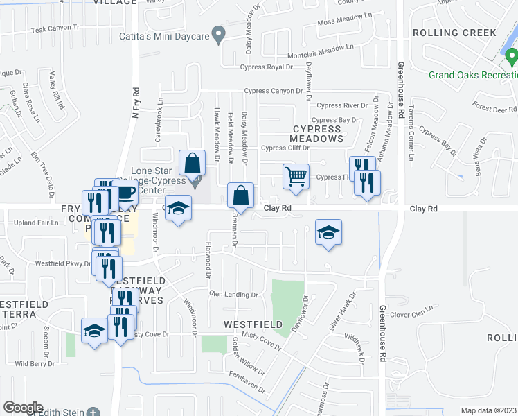 map of restaurants, bars, coffee shops, grocery stores, and more near Clay Rd & Prairie Meadow Dr in Houston