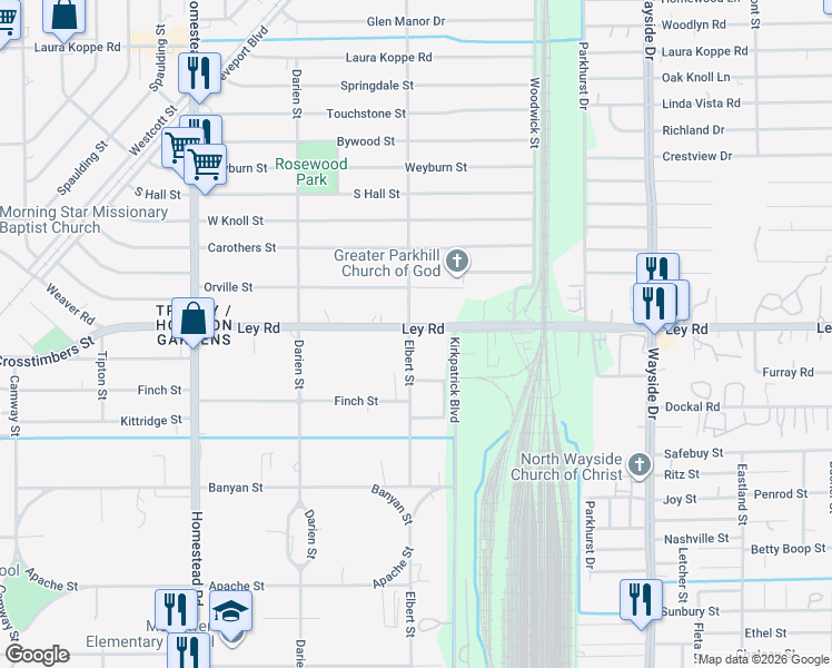 map of restaurants, bars, coffee shops, grocery stores, and more near 7520 Elbert Street in Houston