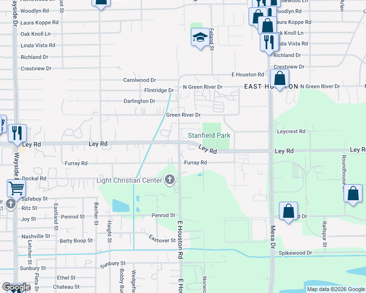 map of restaurants, bars, coffee shops, grocery stores, and more near 7502 East Houston Road in Houston