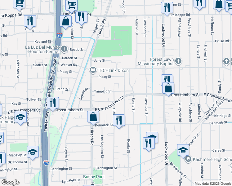 map of restaurants, bars, coffee shops, grocery stores, and more near 7721 Pointer Street in Houston