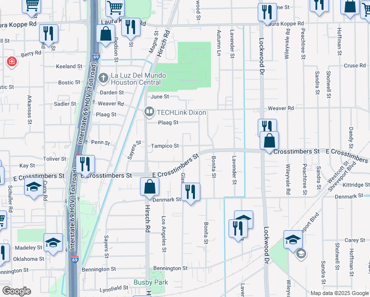 map of restaurants, bars, coffee shops, grocery stores, and more near 7721 Pointer Street in Houston
