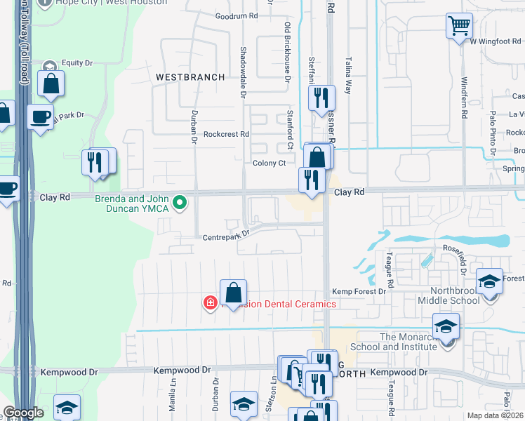 map of restaurants, bars, coffee shops, grocery stores, and more near 10221 Centrepark Drive in Houston