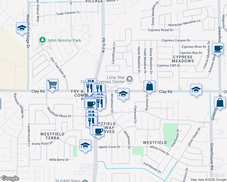 map of restaurants, bars, coffee shops, grocery stores, and more near 3663-3685 Windmoor Drive in Katy