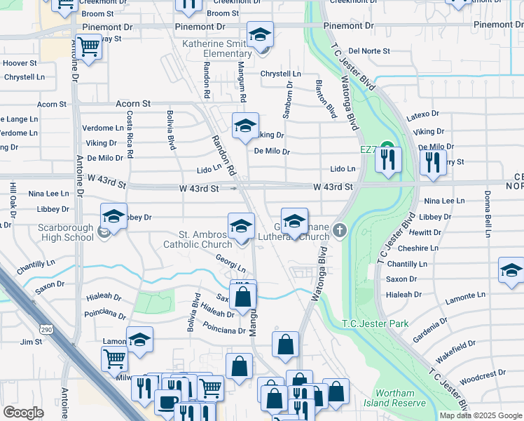 map of restaurants, bars, coffee shops, grocery stores, and more near 4101 Pinon Drive in Houston