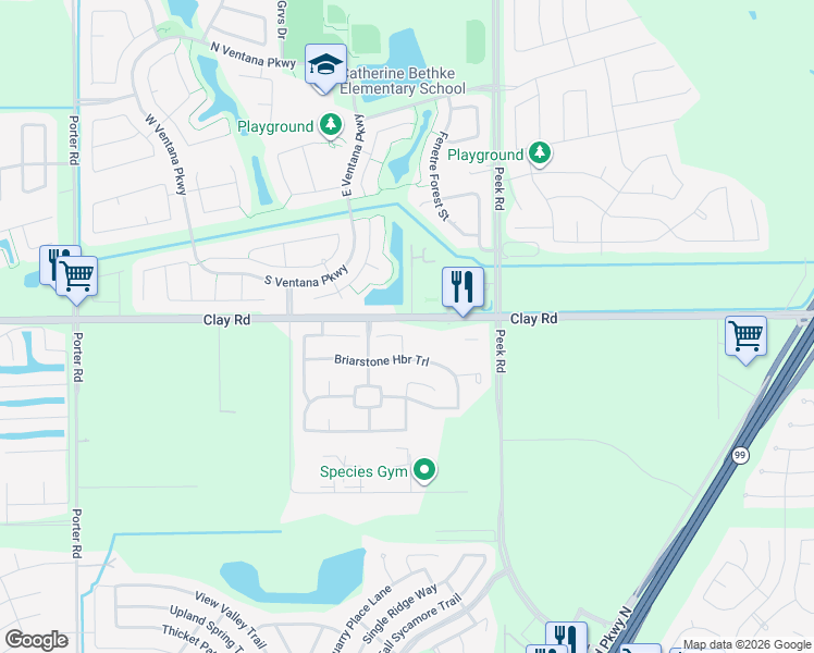 map of restaurants, bars, coffee shops, grocery stores, and more near 23110 Briarstone Harbor Trail in Katy