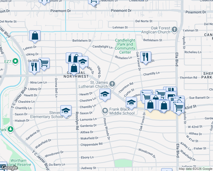 map of restaurants, bars, coffee shops, grocery stores, and more near 1558 Hewitt Drive in Houston
