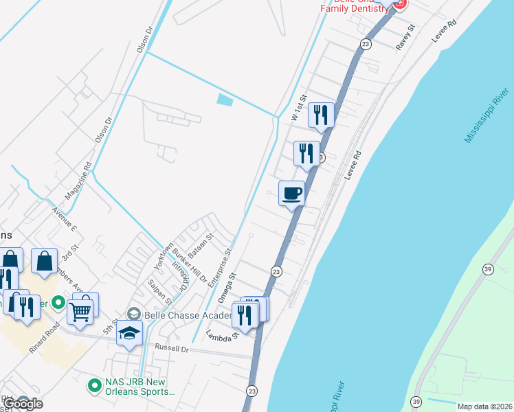 map of restaurants, bars, coffee shops, grocery stores, and more near 117 Edinburgh Court in Belle Chasse