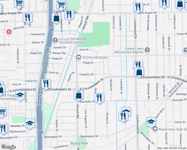 map of restaurants, bars, coffee shops, grocery stores, and more near 4329 Tampico Street in Houston