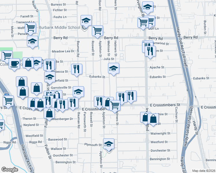 map of restaurants, bars, coffee shops, grocery stores, and more near 7717 Melrose Street in Houston
