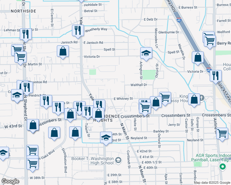 map of restaurants, bars, coffee shops, grocery stores, and more near 4550 Lelay Circle in Houston