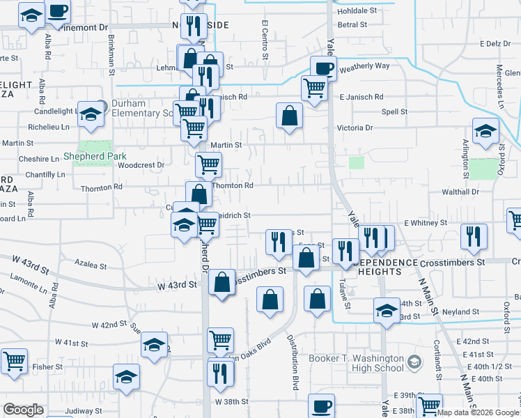 map of restaurants, bars, coffee shops, grocery stores, and more near 513 Thornton Road in Houston