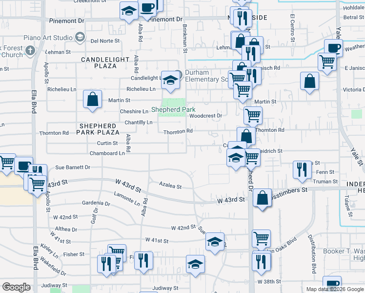 map of restaurants, bars, coffee shops, grocery stores, and more near 942 Curtin Street in Houston