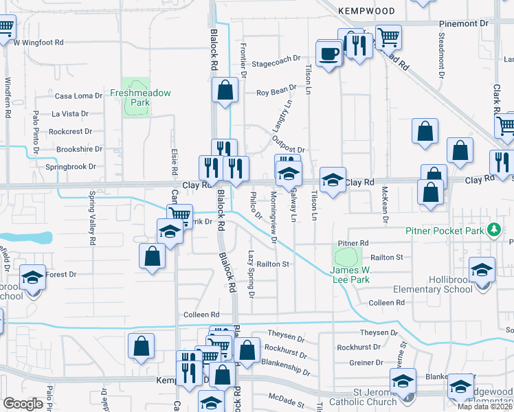 map of restaurants, bars, coffee shops, grocery stores, and more near 9254 Clanton Street in Houston