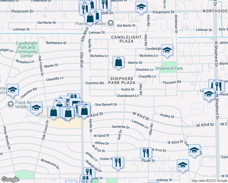 map of restaurants, bars, coffee shops, grocery stores, and more near 1134 Curtin Street in Houston