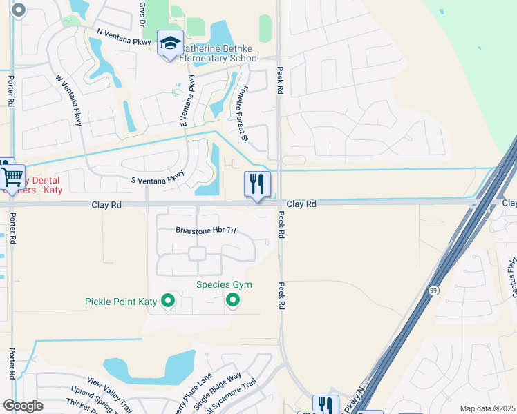map of restaurants, bars, coffee shops, grocery stores, and more near 23605 Clay Road in Katy