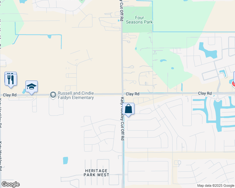 map of restaurants, bars, coffee shops, grocery stores, and more near 25003 Clay Road in Katy