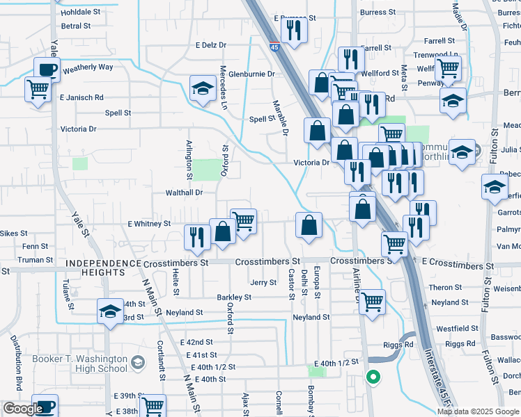 map of restaurants, bars, coffee shops, grocery stores, and more near 715 East Whitney Street in Houston