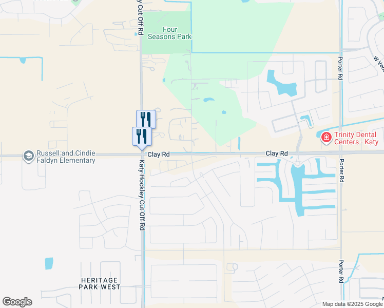 map of restaurants, bars, coffee shops, grocery stores, and more near 24737 Clay Road in Katy