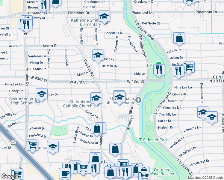 map of restaurants, bars, coffee shops, grocery stores, and more near 4618 Nina Lee Lane in Houston
