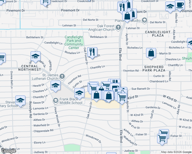 map of restaurants, bars, coffee shops, grocery stores, and more near 1313 Thornton Road in Houston