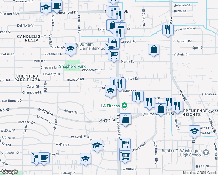map of restaurants, bars, coffee shops, grocery stores, and more near 4617 North Shepherd Drive in Houston