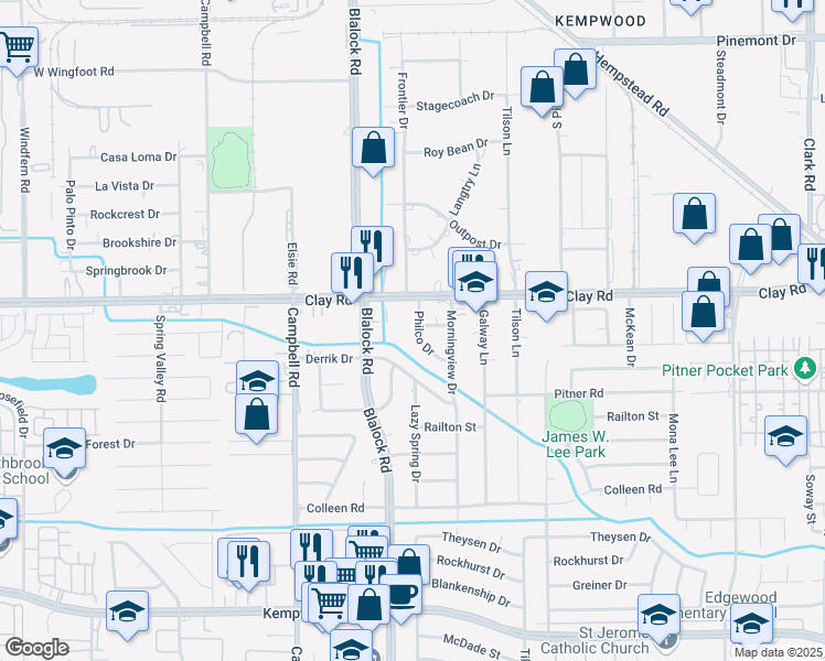 map of restaurants, bars, coffee shops, grocery stores, and more near 9254 Clanton Street in Houston