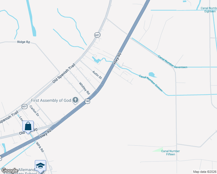 map of restaurants, bars, coffee shops, grocery stores, and more near 16825 US 90 in Des Allemands