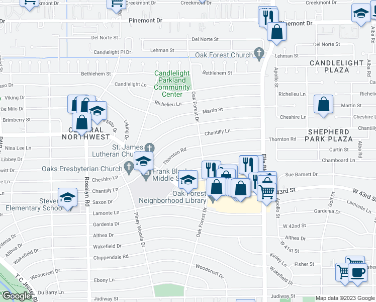 map of restaurants, bars, coffee shops, grocery stores, and more near 1423 Thornton Road in Houston