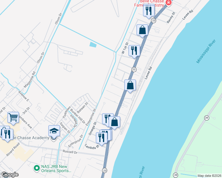 map of restaurants, bars, coffee shops, grocery stores, and more near 117 Edinburgh Court in Belle Chasse