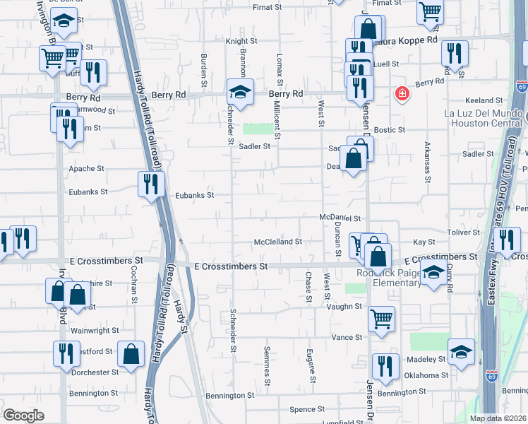 map of restaurants, bars, coffee shops, grocery stores, and more near 2014 Eubanks Street in Houston