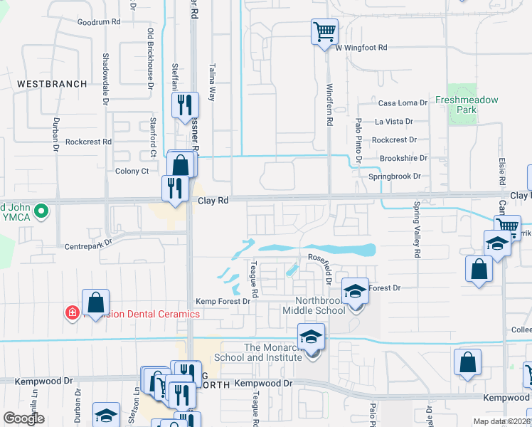 map of restaurants, bars, coffee shops, grocery stores, and more near 9983-10005 Clay Rd in Houston