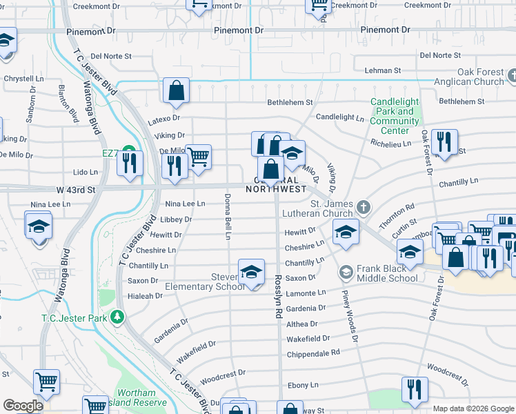 map of restaurants, bars, coffee shops, grocery stores, and more near 1823 Nina Lee Lane in Houston