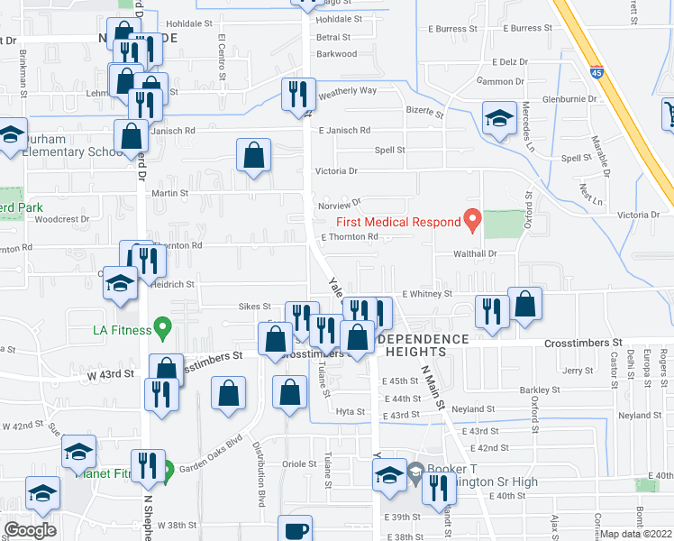 map of restaurants, bars, coffee shops, grocery stores, and more near 4514 Yale Street in Houston