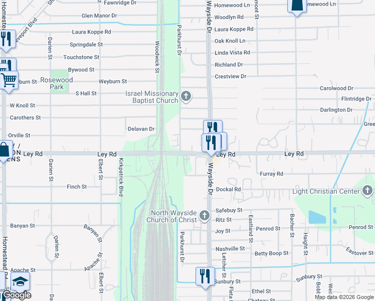 map of restaurants, bars, coffee shops, grocery stores, and more near 7813 Ley Road in Houston