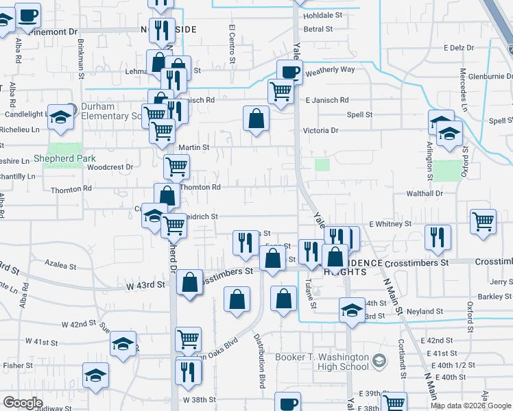 map of restaurants, bars, coffee shops, grocery stores, and more near 413 Thornton Road in Houston