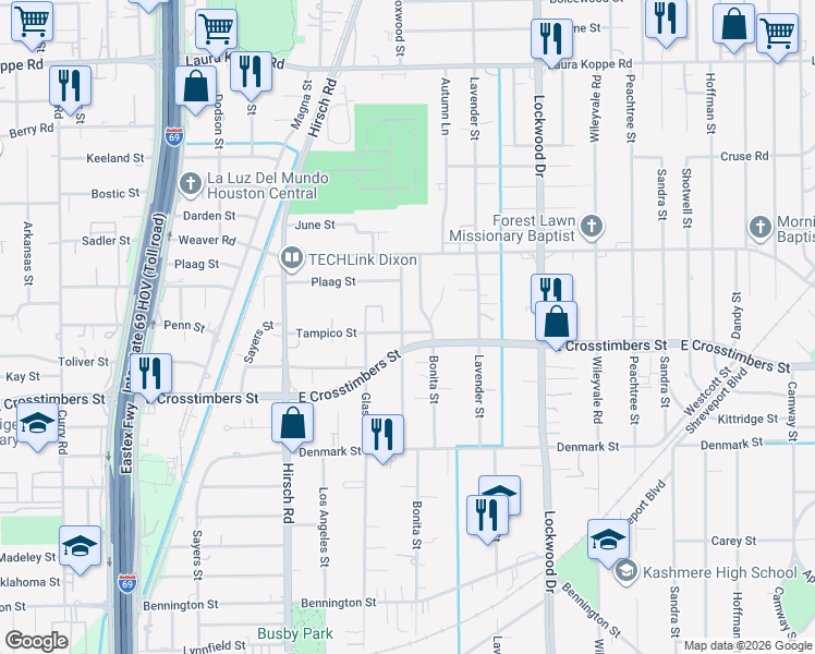 map of restaurants, bars, coffee shops, grocery stores, and more near 7909 Bonita Street in Houston