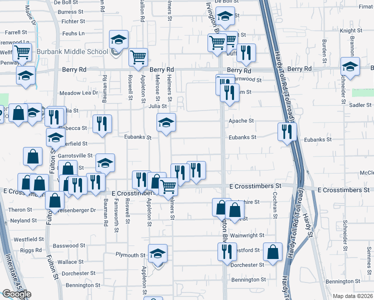 map of restaurants, bars, coffee shops, grocery stores, and more near 624 Eubanks Street in Houston