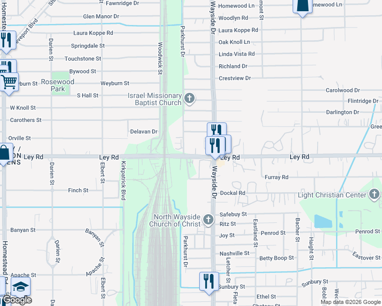 map of restaurants, bars, coffee shops, grocery stores, and more near 7813 Ley Road in Houston
