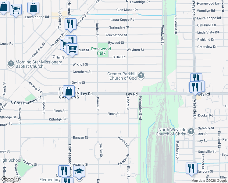 map of restaurants, bars, coffee shops, grocery stores, and more near 7433 Ley Road in Houston