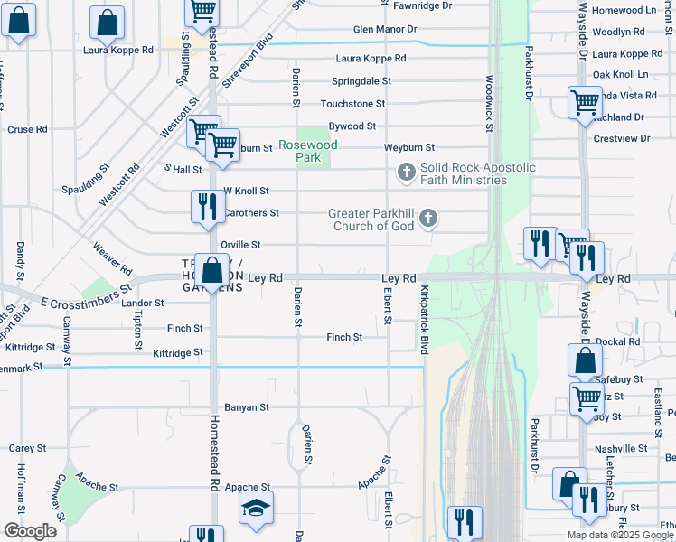 map of restaurants, bars, coffee shops, grocery stores, and more near 7332 Orville Street in Houston