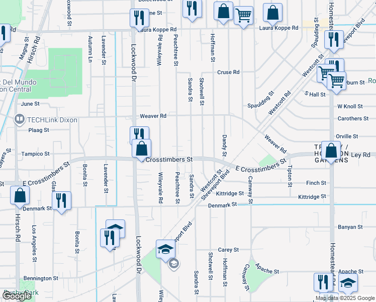 map of restaurants, bars, coffee shops, grocery stores, and more near 7903 Sandra Street in Houston