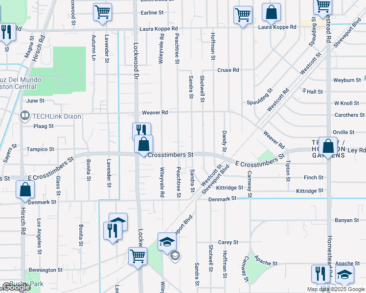 map of restaurants, bars, coffee shops, grocery stores, and more near 7903 Sandra Street in Houston