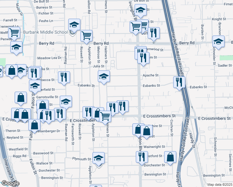 map of restaurants, bars, coffee shops, grocery stores, and more near 624 Eubanks Street in Houston