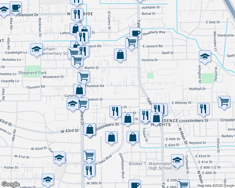 map of restaurants, bars, coffee shops, grocery stores, and more near 413 Thornton Road in Houston