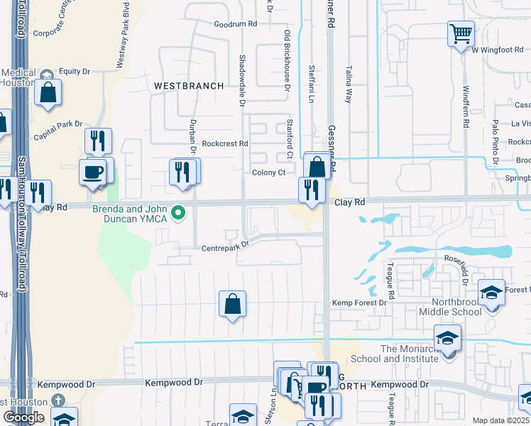 map of restaurants, bars, coffee shops, grocery stores, and more near 10333 Clay Road in Houston