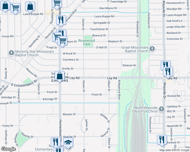 map of restaurants, bars, coffee shops, grocery stores, and more near 7332 Orville Street in Houston