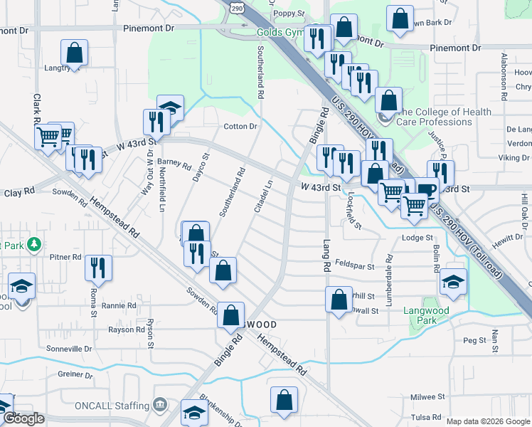 map of restaurants, bars, coffee shops, grocery stores, and more near 4109 Citadel Lane in Houston