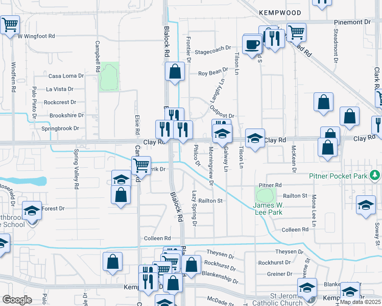 map of restaurants, bars, coffee shops, grocery stores, and more near 9254 Clanton Street in Houston