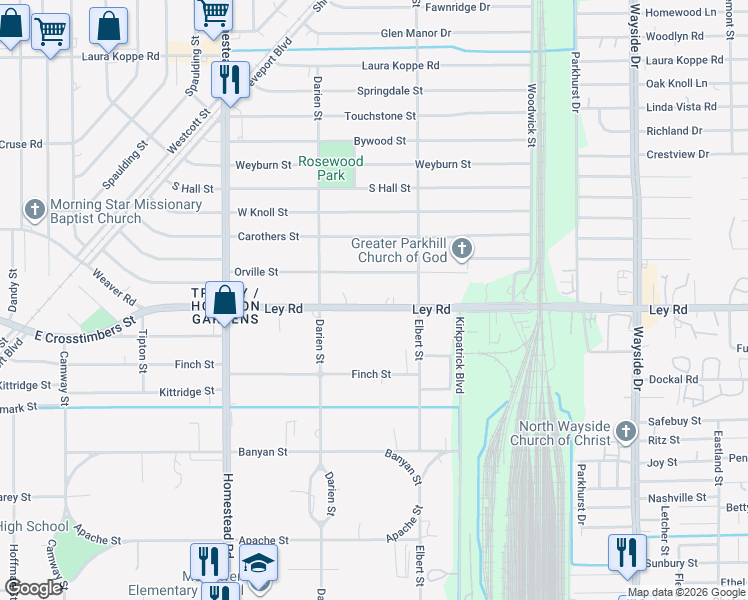 map of restaurants, bars, coffee shops, grocery stores, and more near 7433 Ley Road in Houston