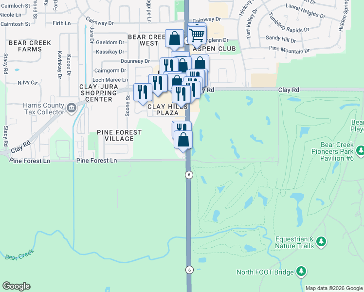 map of restaurants, bars, coffee shops, grocery stores, and more near 4025 Highway 6 North in Houston